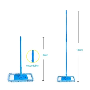 Blue Extendable Flat Mop Telescopic Handle 82-129cm with Chenille Pad Wet/Dry Use