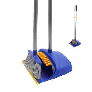 Broom And Dustpan Combo Set Long Steel Handle Flagged Bristles For Outdoor Floors