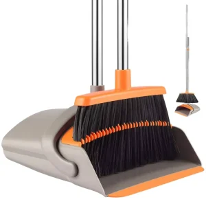 Broom and Dustpan Set Self Cleaning with Dustpan Teeth for Home Use Stand Up Broom and Dustpan Gray Orange