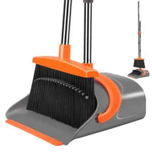 Broom and Dustpan Set with Long Adjustable Handle and Dustpan Teeth