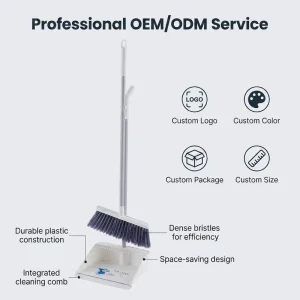Broom and Dustpan Set with Scraper Teeth Long Handle Standing Broom
