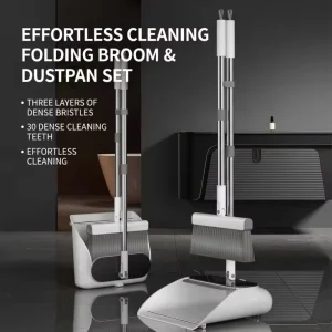 Broom and Dustpan Set with Self-Cleaning Teeth Upright Standing Sweeping Combo with Long Handle for Home and Office Floors