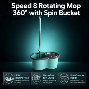 Cedar Space OEM Single drive Rotating Mop Set Stainless Steel Pole Wet Dry Separated Hands free for Bucket 2 Mopheads Home