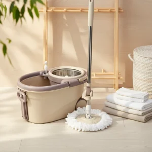 Cleaning Round Mop Bucket with Steel Handle and Wheel Set Separate Clean Dirty Water Floor Wringing Spin 360 Rotating