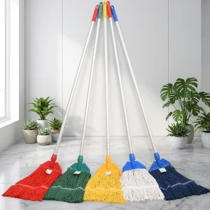Color-Coded Heavy-Duty Looped-End Cotton Mop Set with Matching Handle Connector, Set of 5