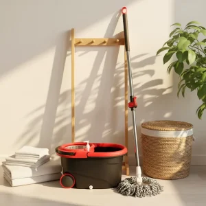 Commercial Grade Spin Mop and Bucket Set Reinforced Plastic Wringer with Wheels for Easy Transport & Large Area Cleaning