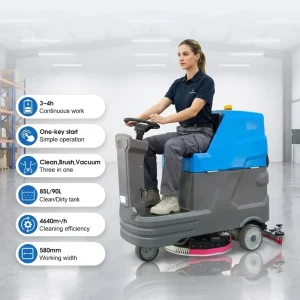 Commercial Ride-On Floor Scrubber 90L Tank 24V 100Ah Battery-Powered 4640 m²/h for Large Factory Warehouse