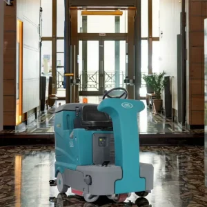Compact Electric Ride-On Industrial Floor Scrubber and Sweeper with Burnishing Function