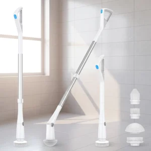 Cordless Rechargeable Portable Shower Scrubber Cleaning Brush with 4 Heads and Extendable Handle