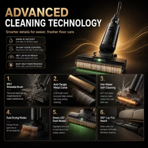 Cordless Wet Dry Vacuum Cleaner Floor Washer with Hot Water Self-Cleaning 180-Degree Lay-Flat Reach