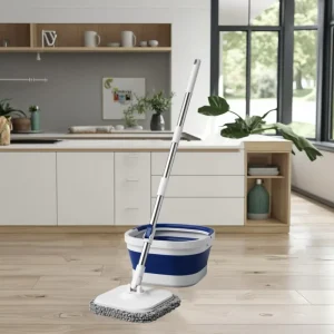 DARIS Collapsible 360 Spin Flat Mop and Bucket Set Foldable Microfiber Wet & Dry Floor Cleaning Flat Squeeze Mop Bucket Set