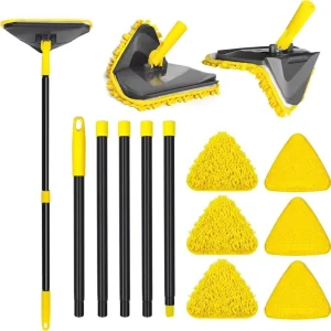 Detachable Sectional Iron Rod Triangle Cleaning Mop with 360-Degree Rotating Head, Chenille Microfiber Pads and Dust Mop Kit