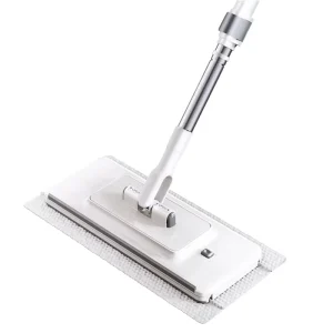 Disposable Flat Mop with Steel Pole, Wet/Dry Use, Cloth-Fixing Clip for Floor Cleaning