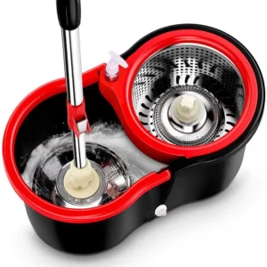 Double-Drive Hand-Pressure Rotating Black Steel Mop Bucket with Storage