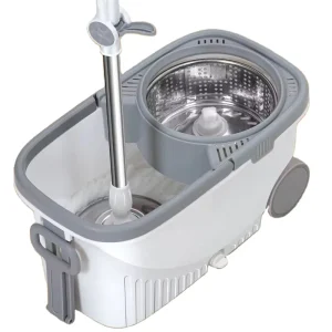 Double Drive Spin Mop Set with Wheeled Mop Bucket, Drain Valve, and Stainless Steel Basket