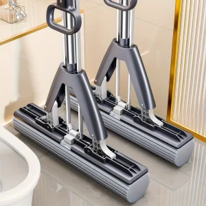 Double-Folding Sponge Mop with 2 Mop Heads Dry Wet Dual-Use Stainless Steel Rod 90%-100% Dehydration