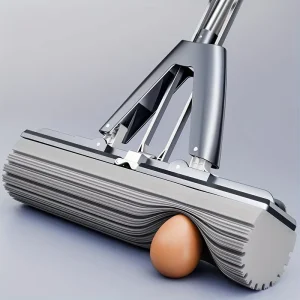 Double-Folding Sponge Mop with 2 Mop Heads Stainless Steel Handle Dry Wet Use 90%-100% Dehydration