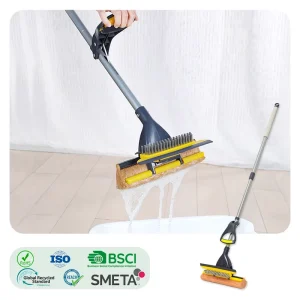 Double-Sided Sponge Mop with Brush, Squeegee and Telescopic Pole for Tile and Marble Floors