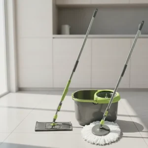Dual-Drive Microfiber Mop Bucket Set with Four-Side Wringing, 2 Mopheads, Plastic Basket, and Steel Pole