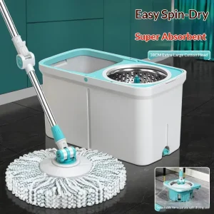 Dual Drive Rotating Eco Friendly Mop Stainless Steel Pole Plastic Basket Wet Dry Use Hands Free Washing Four Side Wringing
