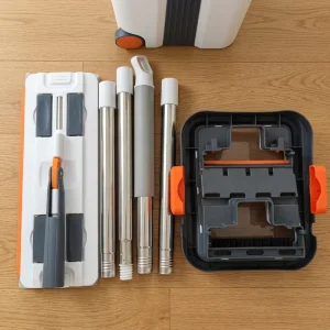 Dual-Drive Self-Wringing Rectangle Head Microfiber Mop with Plastic Tray and Bucket Set Over 700ml Capacity Dry Wet Use