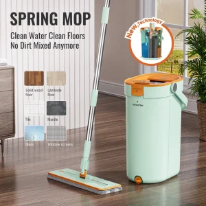 Durable Flat Mop Bucket Set with Handle, Reusable Mop Pads, and High Dehydration Rate for Wet and Dry Floor Cleaning