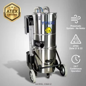 EX60-2 ATEX Zone 21/22 Air-Powered 24/7 Stainless Steel Explosion-Proof Pneumatic Industrial Vacuum Cleaner