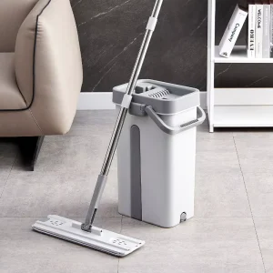 Easy Household Floor Cleaning Set Microfiber Flat Mop with Sliding Magic Handle Steel Pole Wringer and Cleaning Bucket