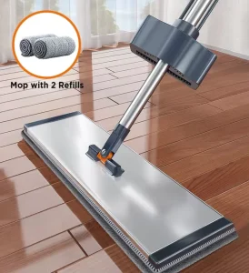 Eco Friendly Household Flat Mop Stainless Steel Telescopic Handle Reusable Pad 80 90% Dehydration Rate Self Wringing 2 Mopheads