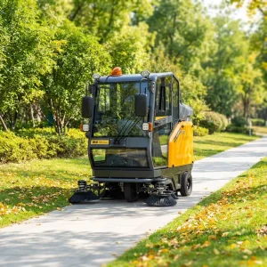 Electric Battery Powered Ride On Self Propelled Cleaning Machine with 12 Cu Ft Hopper for Road Leaf Collection