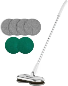 Electric Mop With Motorized Dual Spinning Mopheads Lightweight & Rechargeable 4 Microfiber Pads & 2 Floor Scrubber Pads Clean