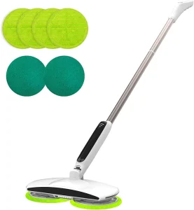Electric Mop with Motorized Dual Spin Mopheads Battery Display LED Floodlight Lightweight 4 Microfiber Pads & 2 Scouring Pa