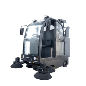 Electric Ride-On Floor Sweeper with Enclosed Cab and Waterproof Design for Parking Lots