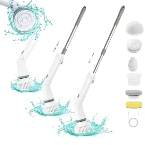 Electric Spin Scrubber with Adjustable Handle and 6 Replaceable Brush Heads