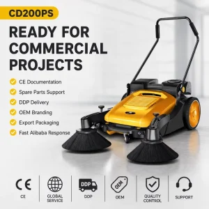Electric Walk-Behind Push Sweeper, 1100 mm, Adjustable Brush System, 2400 m²/h, for Warehouse, Supermarket, and Airport