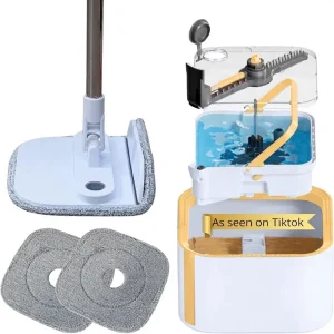 Flat 360-Degree Spinning Mop with Detachable Inner Bucket, Steel Pole, and Foldable Square Microfiber Mop Head