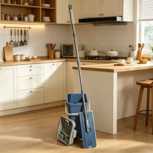 Flat Floor Mop and Bucket Set with Microfiber Head Eco friendly Rotating Stainless Steel 2 Mopheads Large Capacity