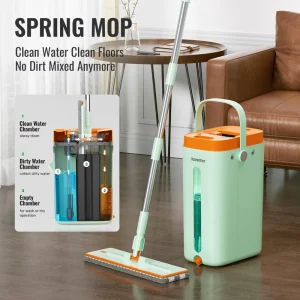 Flat Mop Bucket Dual Chamber Clean and Dirty Water Separation Reusable Mop Pads for Dry and Wet Floors