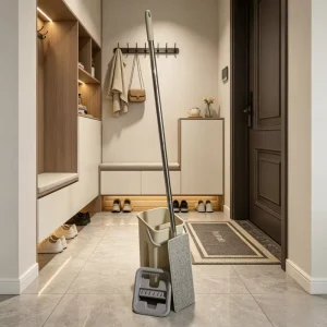Flat Mop Bucket Set with Stainless Steel Handle and Washable Pads for Floors and Windows