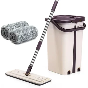 Flat Mop and Bucket Set with Hands-Free Washing and Stainless Steel Handle
