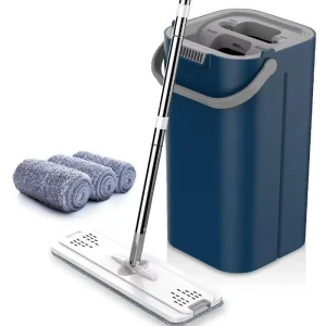 Flat Mop and Bucket Set with Microfiber Cloth and Stainless Steel Handle
