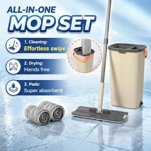 Flat Mop and Bucket Set with Ribbed Design, Hands-Free Squeeze Mop, and 2-Chamber Bucket