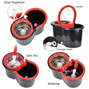 Flat Mop and Bucket Set with Two Mop Heads, 360° Spin, Telescopic Stainless Steel Handle, and High Dehydration Rate