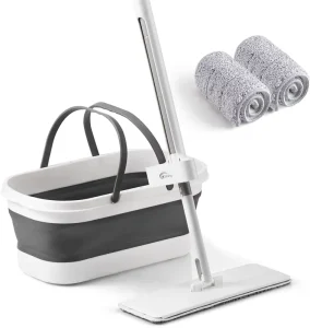 Flat Mop and Folding Bucket with Wheels and 2 Washable Reusable Microfiber Pads