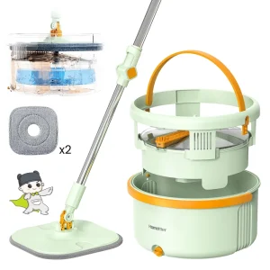 Flat Mop with Bucket, Dual-Chamber Clean and Dirty Water Separation, and Reusable Mop Pads