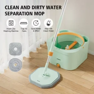 Flat Mop with Bucket Dual-Chamber Clean and Dirty Water Separation for Floor Cleaning