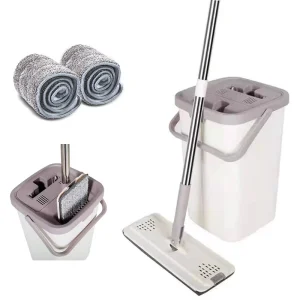 Flat Wet Mop with Thickened Microfiber Pad, Stainless Steel Handle and Bucket