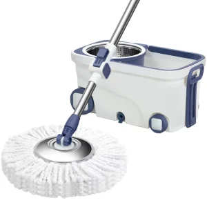 Floor Clean Mop Sticks Stainless Steel Rod Floating Basket Self Wringing Microfiber Mop with 4 Big Wheels