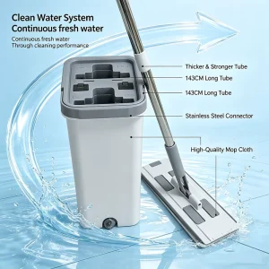 Floor Cleaning Sugeeze Bucket Mop Set with Self Wringer Extendable Handle Microfiber Flat Mop Stainless Steel 2 Mopheads
