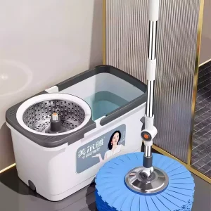 Floor Spin Mop and Bucket Set with Wringer System Extended Stainless Steel Handle for Home Floor Cleaning